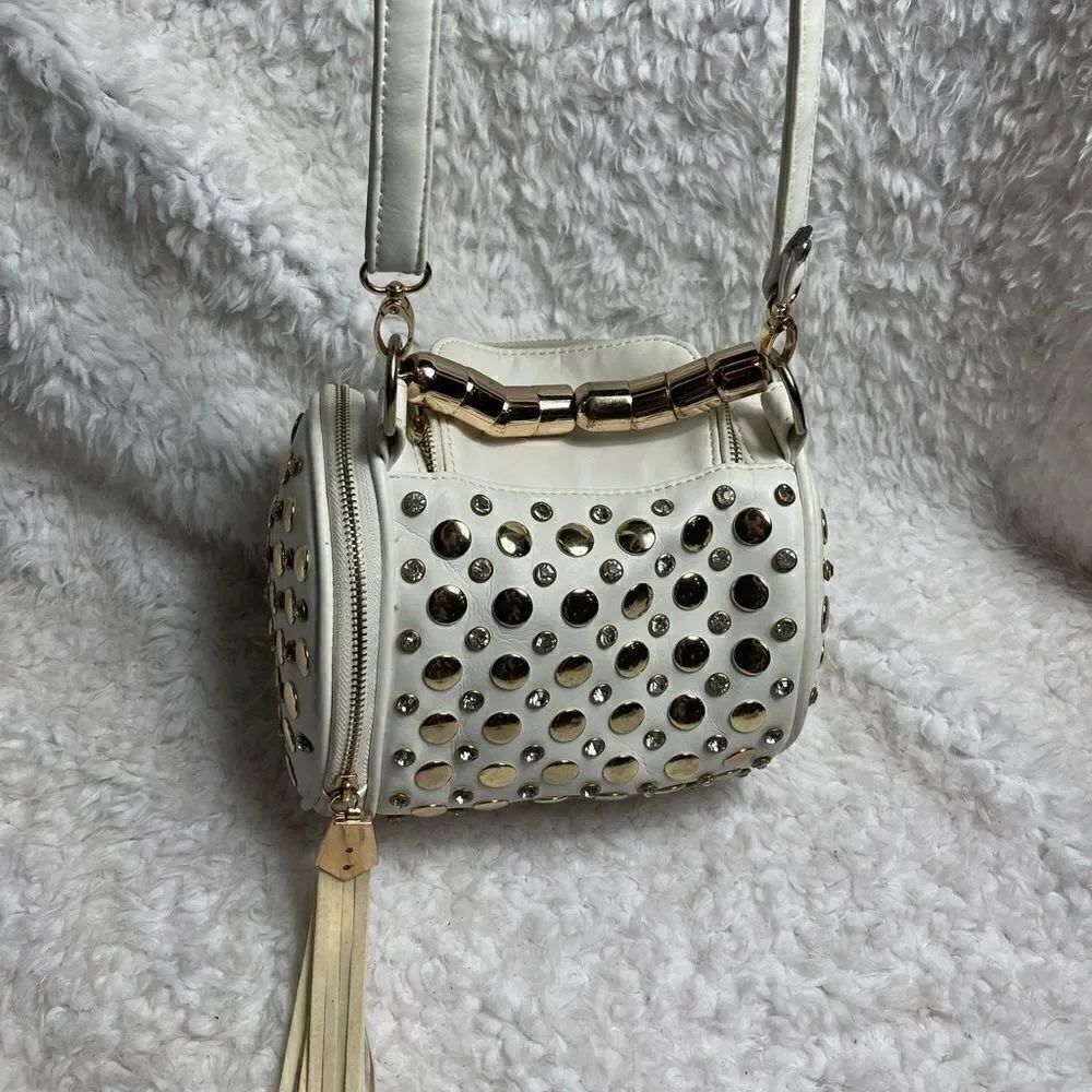 Off white small barrel Satchel/crossbody bag rose gold studs & jewels accents